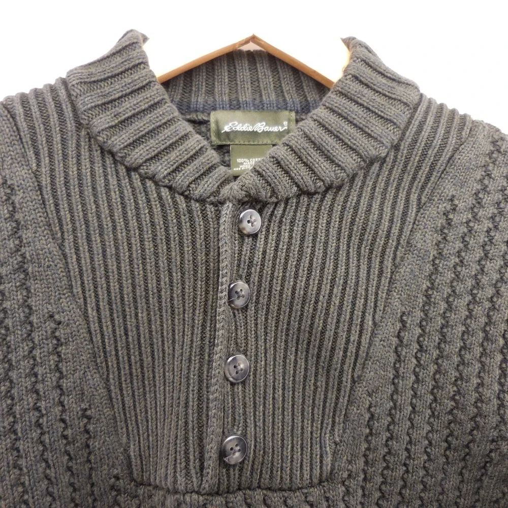 Vintage Eddie Bauer Mens Small Green Cotton Ribbed Knit Henley Mock Neck Sweater